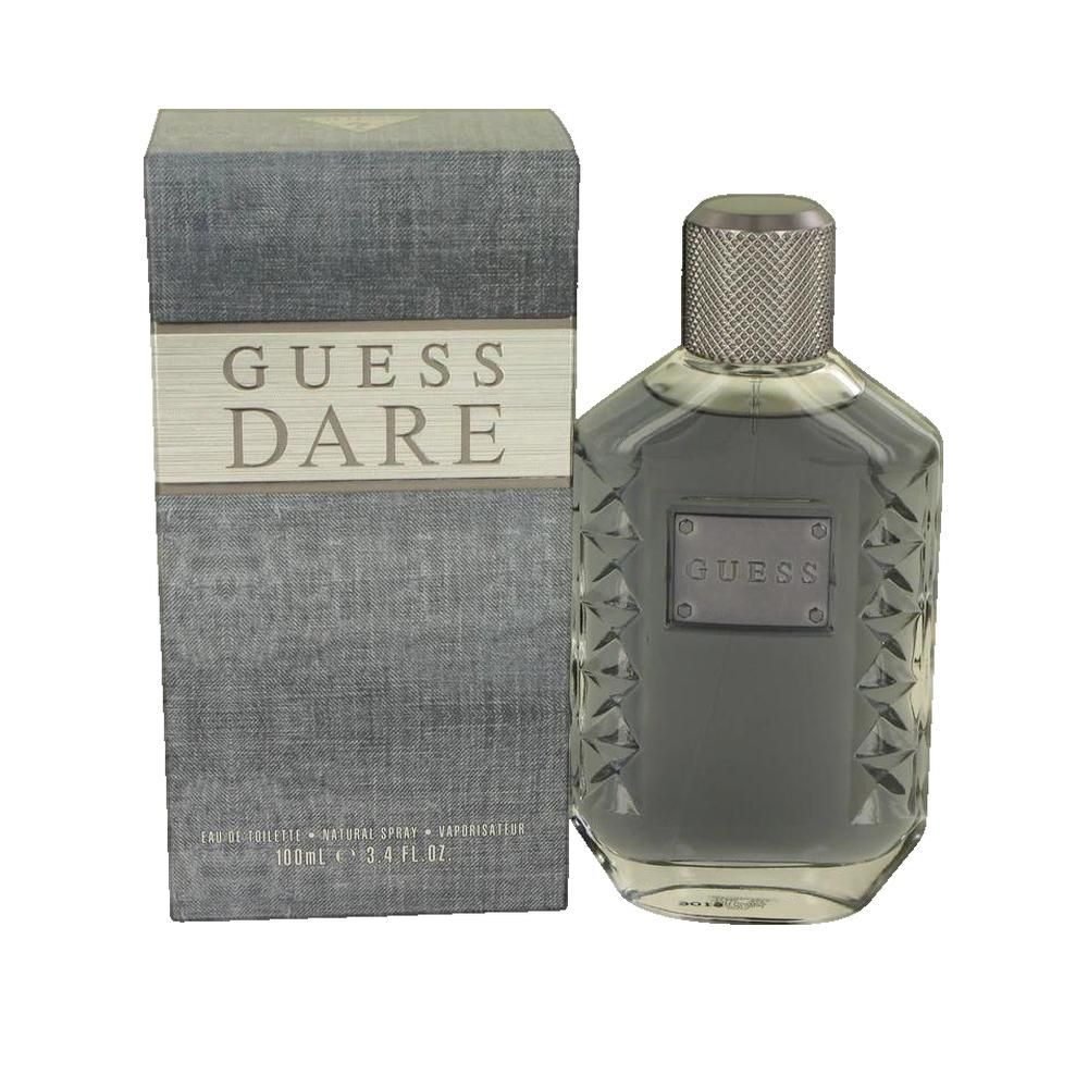 Flakon und Verpackung. Auf der Verpackung steht "GUESS DARE". Der Flakon hat einen silbernen Verschluss und die Aufschrift "GUESS".