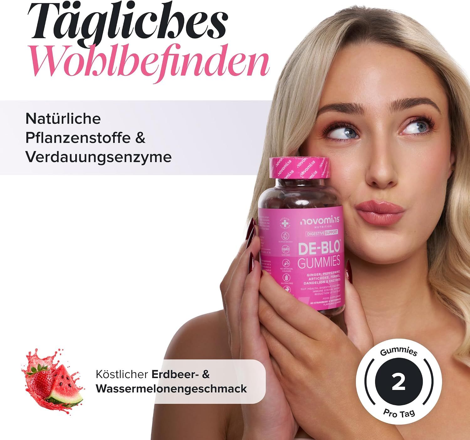 Frau hält Flasche Novomins DE-BLO GUMMIES mit Erdbeer- und Wassermelonengeschmack.
