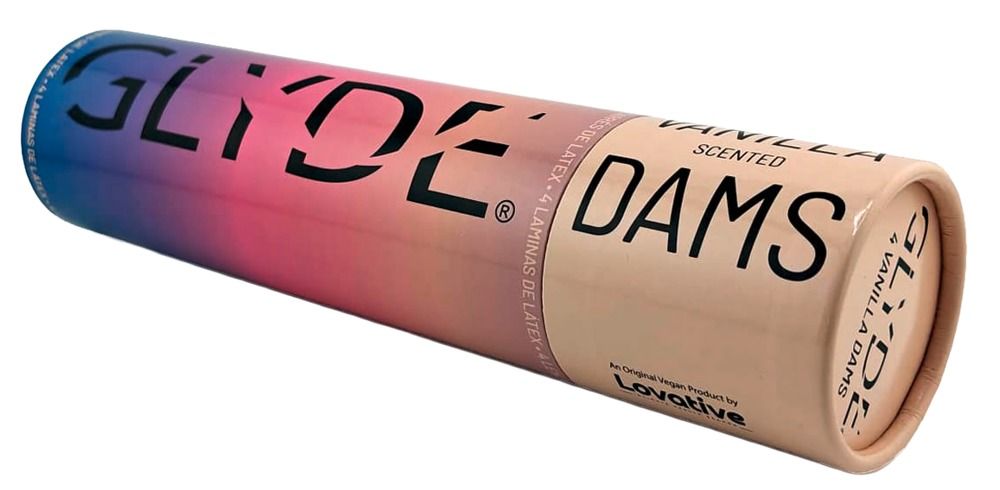 Zylinderförmige Verpackung. Aufdruck: GLYDE DAMS, VANILLA, Duft. Logo: Lovative. Auf der Seite: GLYDE DAMS.