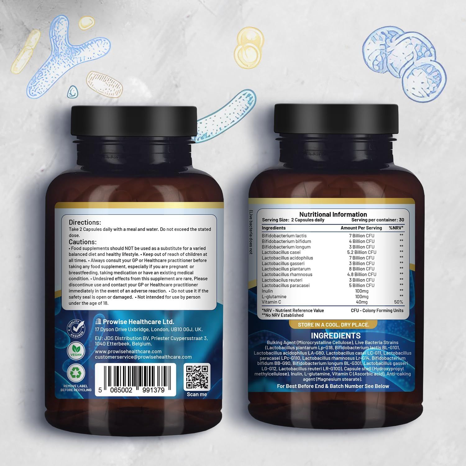 Zwei Flaschen mit Kapseln. Rückseite mit Informationen: Inhaltsstoffe, Nährwertangaben, Gebrauchsanweisung. Marke: Prowise Healthcare Ltd.