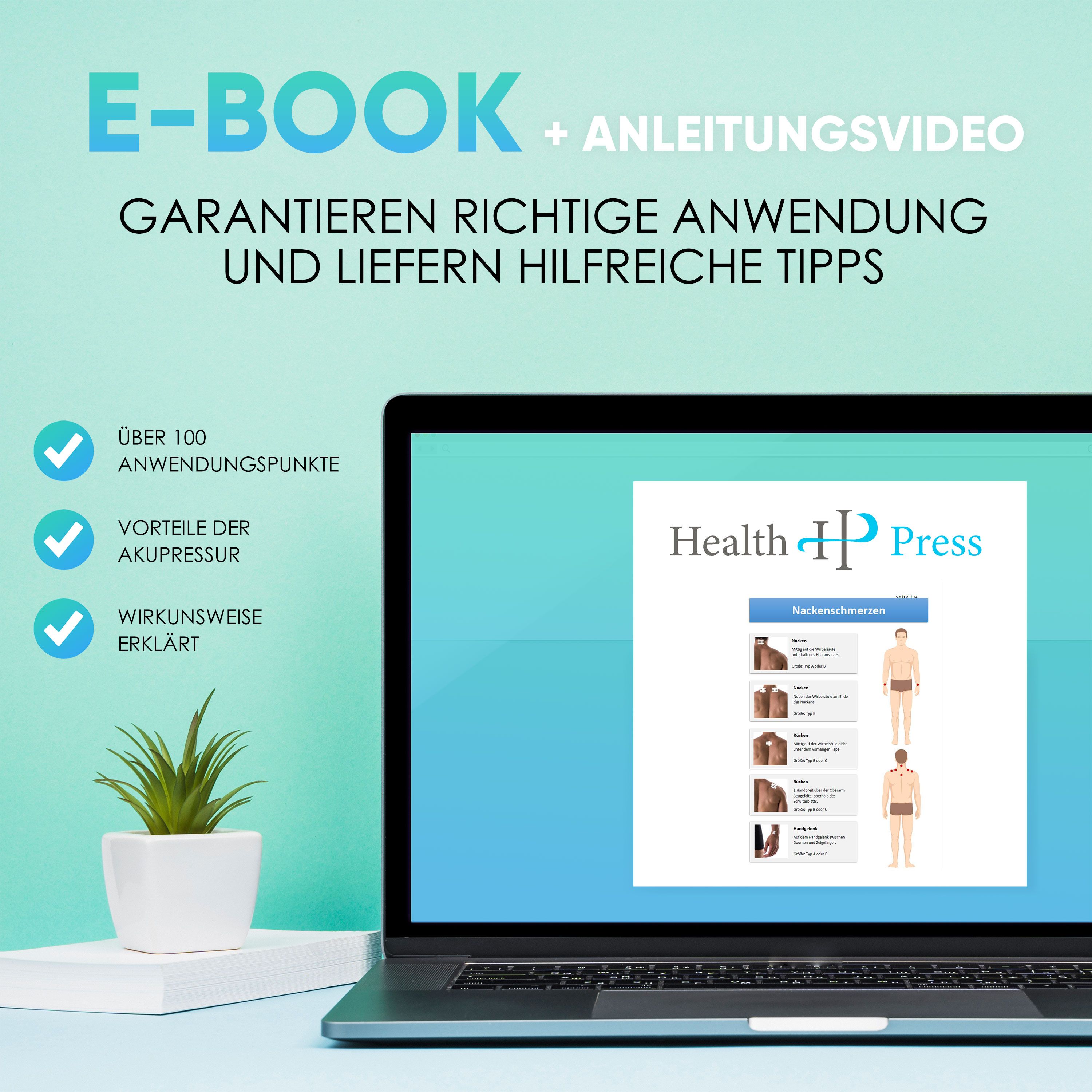 Laptop mit E-Book und Anleitungs-Video. Text: Garantieren richtige Anwendung und liefern hilfreiche Tipps. Über 100 Anwendungspunkte.