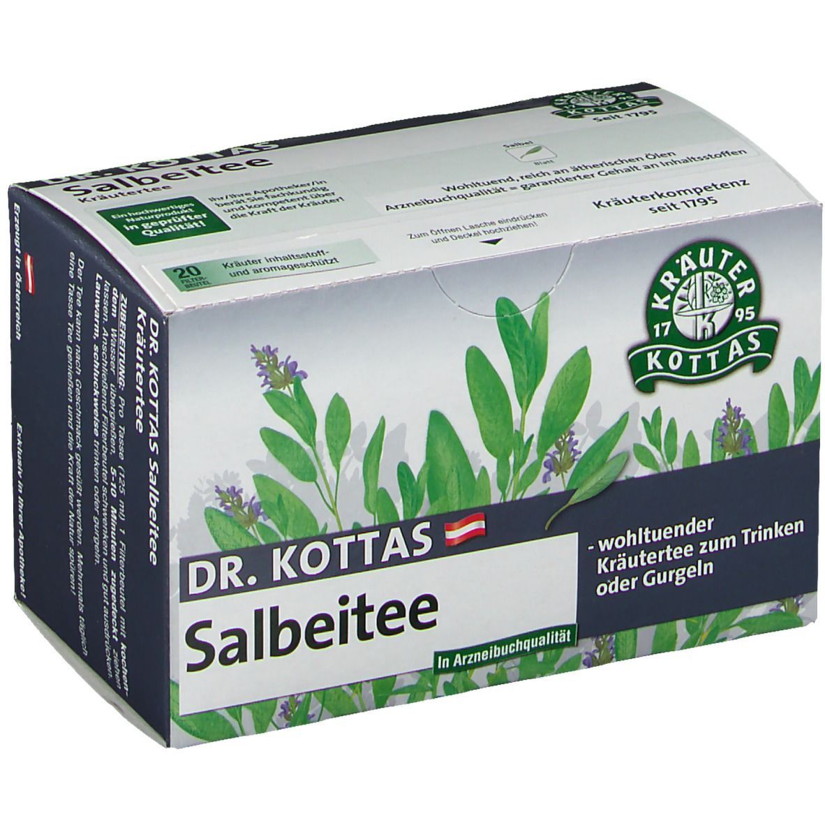 Dr. Kottas Salbeitee-Schachtel. Kräuterabbildung, Text und Logo. 20 Teebeutel. In Arzneibuchqualität.