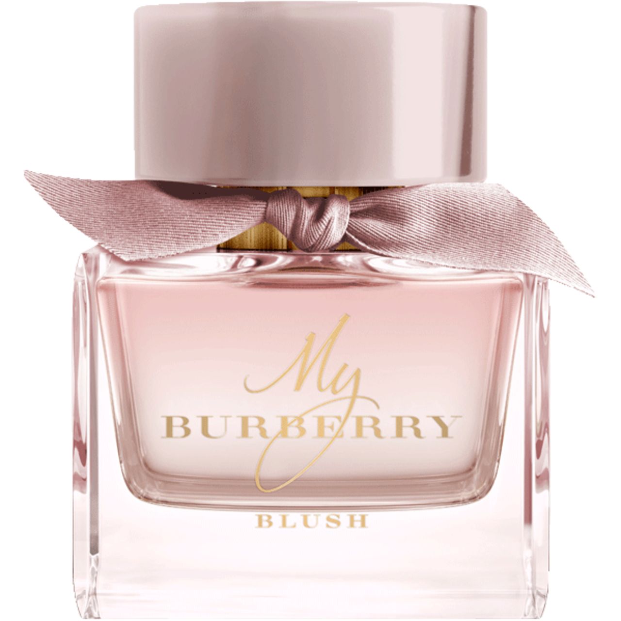 Flakon mit rosa Flüssigkeit, rosa Deckel und Schleife. Schriftzug: My Burberry Blush.