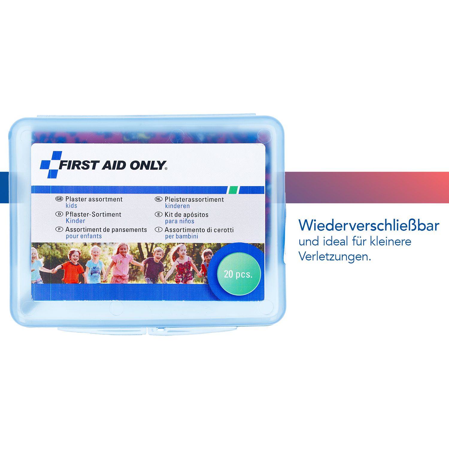 Blaues, wiederverschließbares Pflaster-Sortiment für Kinder. Enthält 20 Pflaster. Marke: FIRST AID ONLY.