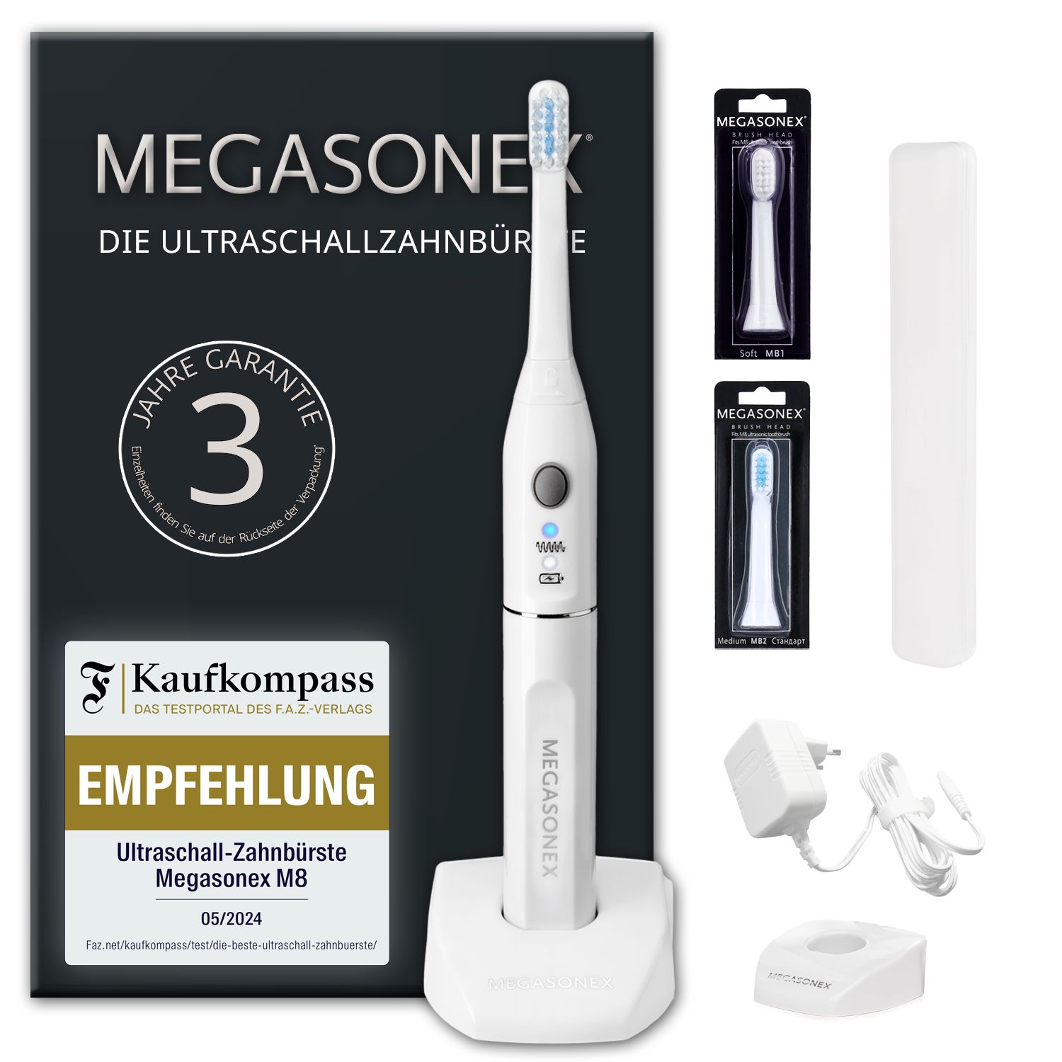 Elektrische Zahnbürste, weiß, mit Ladestation, Ersatzbürsten, Netzteil und Reiseetui. Auf der Verpackung steht MEGASONEX.