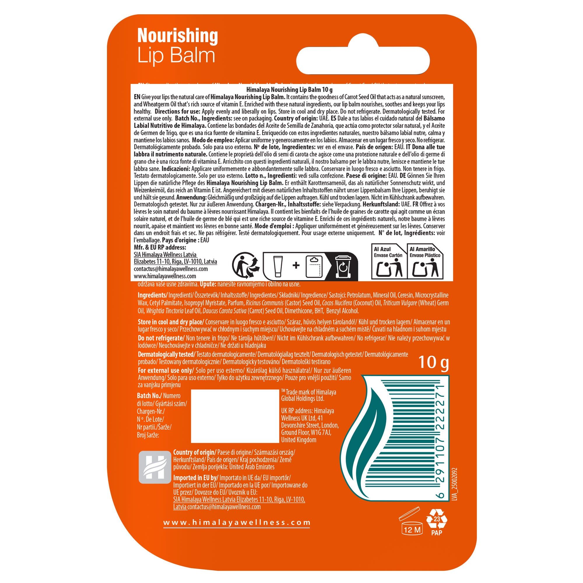 Rückseite der Verpackung für Himalaya Nourishing Lip Balm, 10g.