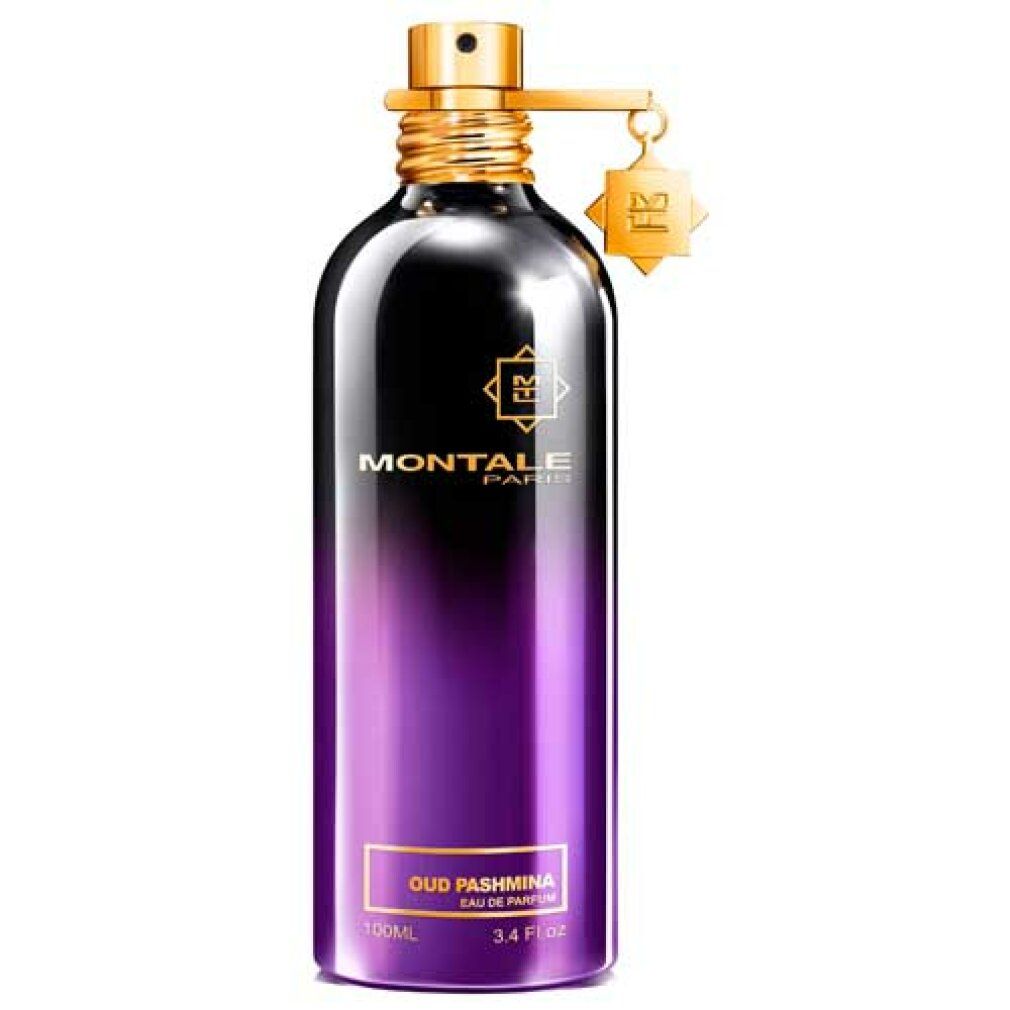 Parfümflakon mit goldfarbenem Verschluss und Anhänger. Farbverlauf von Schwarz nach Lila. Schriftzug: MONTALE PARIS, OUD PASHMINA.