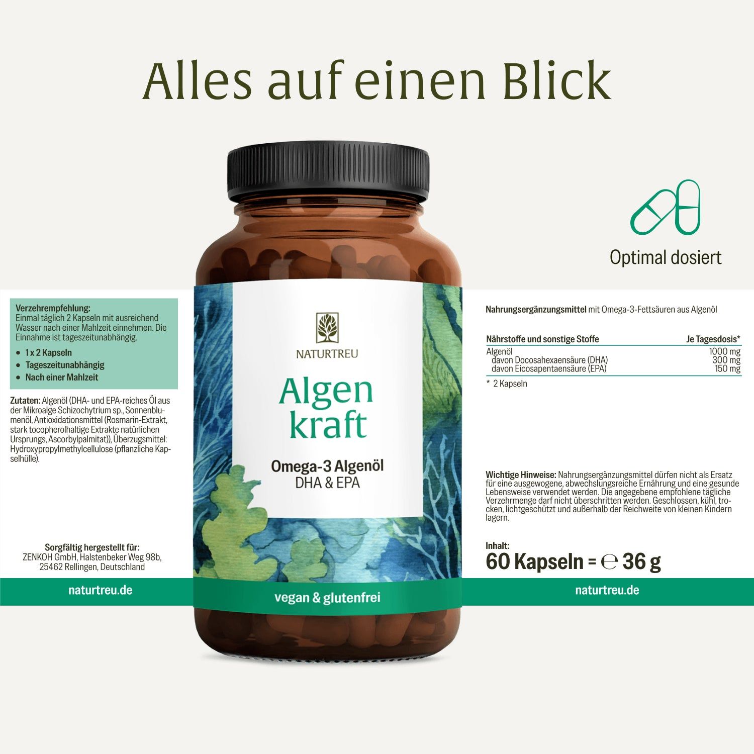 NATURTREU Algenkraft Omega-3 Algenöl Flasche mit 60 veganen Kapseln, optimal dosiert.