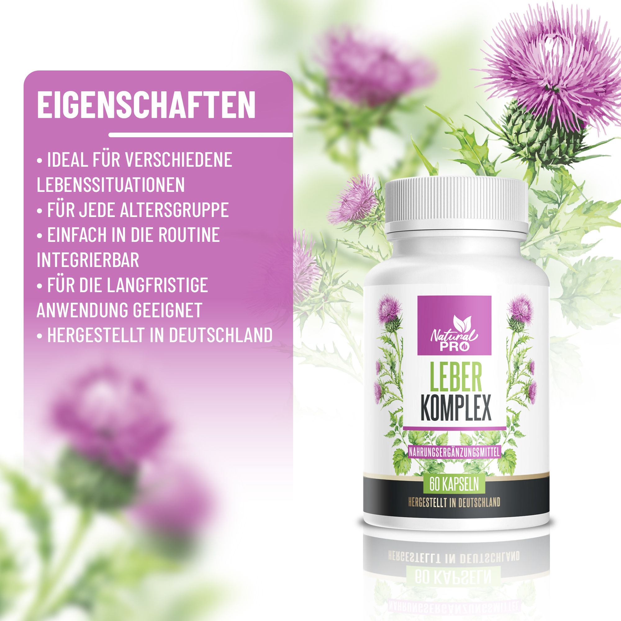 Eine Flasche LEBER Komplex von Natural PRO. Eigenschaften werden aufgelistet: ideal für verschiedene Lebenssituationen, einfach in der Routine.