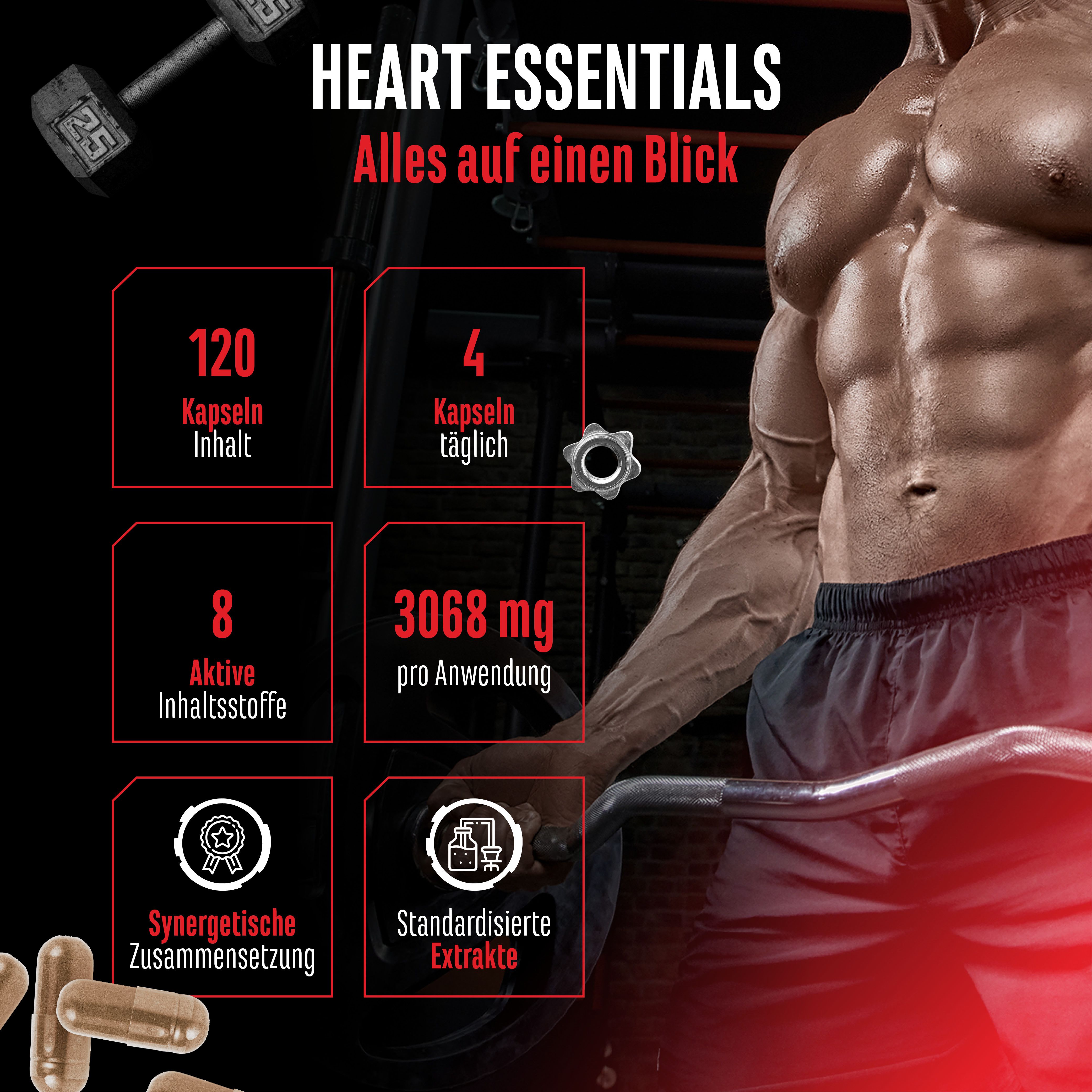 Grafik mit Informationen zu Heart Essentials. Enthält Angaben zu Kapselanzahl, Inhaltsstoffen und Dosierung. Hintergrund: muskulöser Mann.