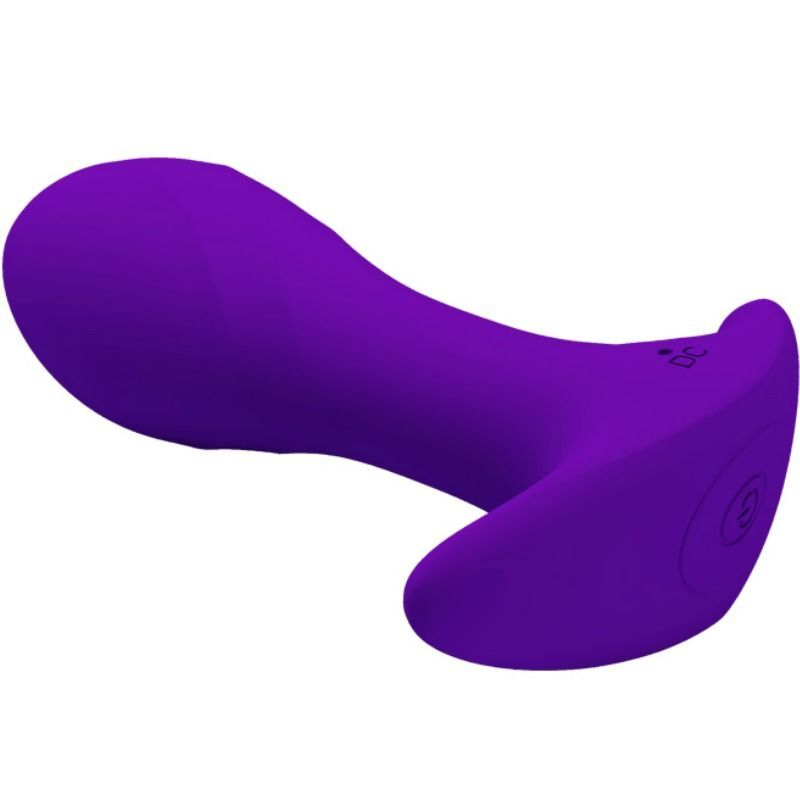 Lila Analvibrator. Ergonomische Form mit abgerundeter Spitze und Basis. Seitliche Ansicht.