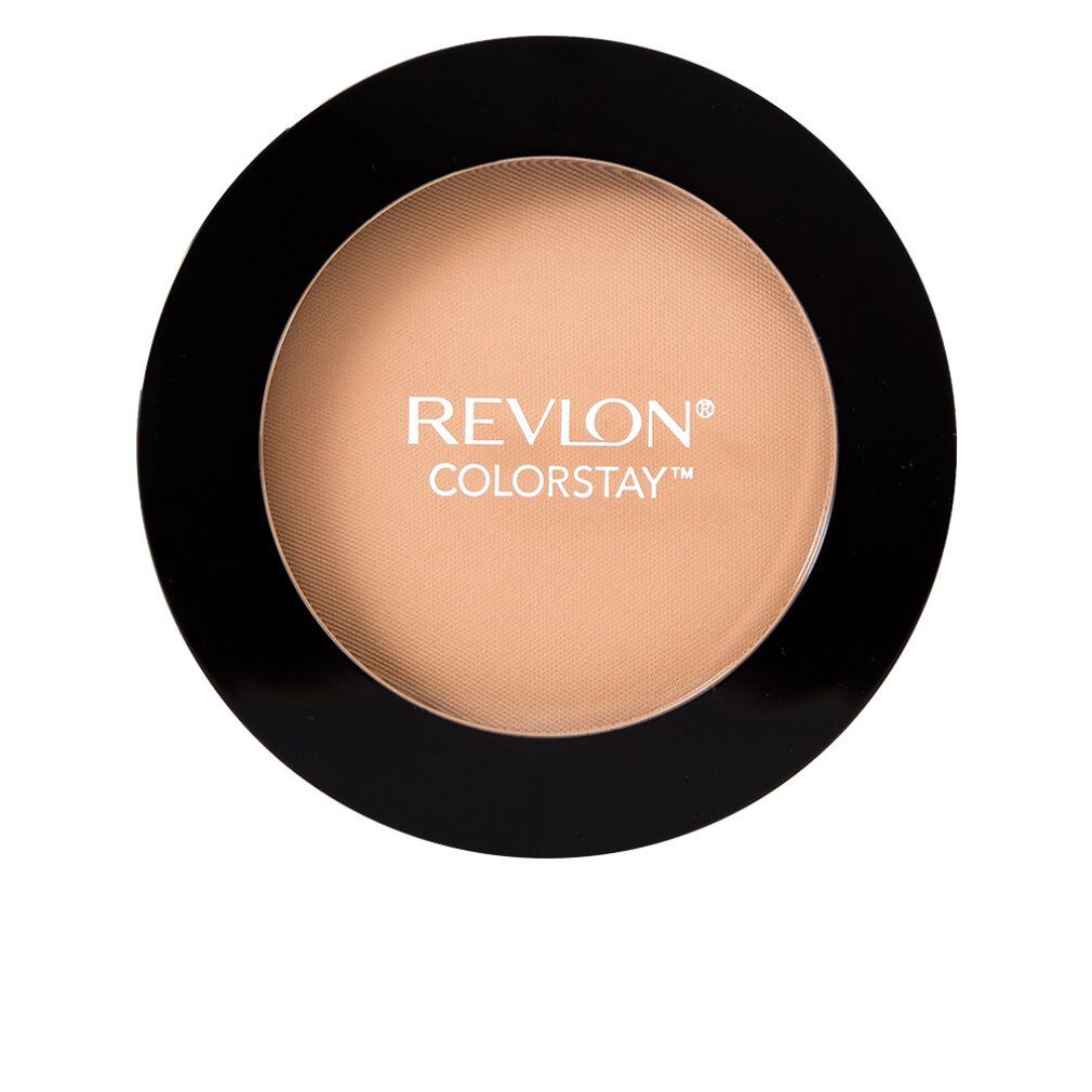 Runder, gepresster Puder in einem schwarzen Behälter. Auf dem Puder steht REVLON COLORSTAY.