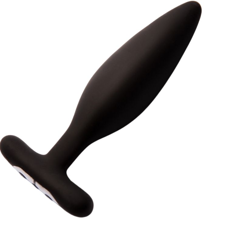 Schwarzer Analplug mit T-förmigem Griff. Glatte Oberfläche. Auf weißem Hintergrund.
