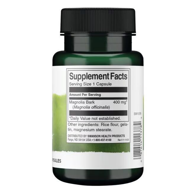 Rückseite der grünen Flasche mit Kapseln. Aufschrift: Supplement Facts, Magnolia Bark, 400 mg. Zutatenliste.