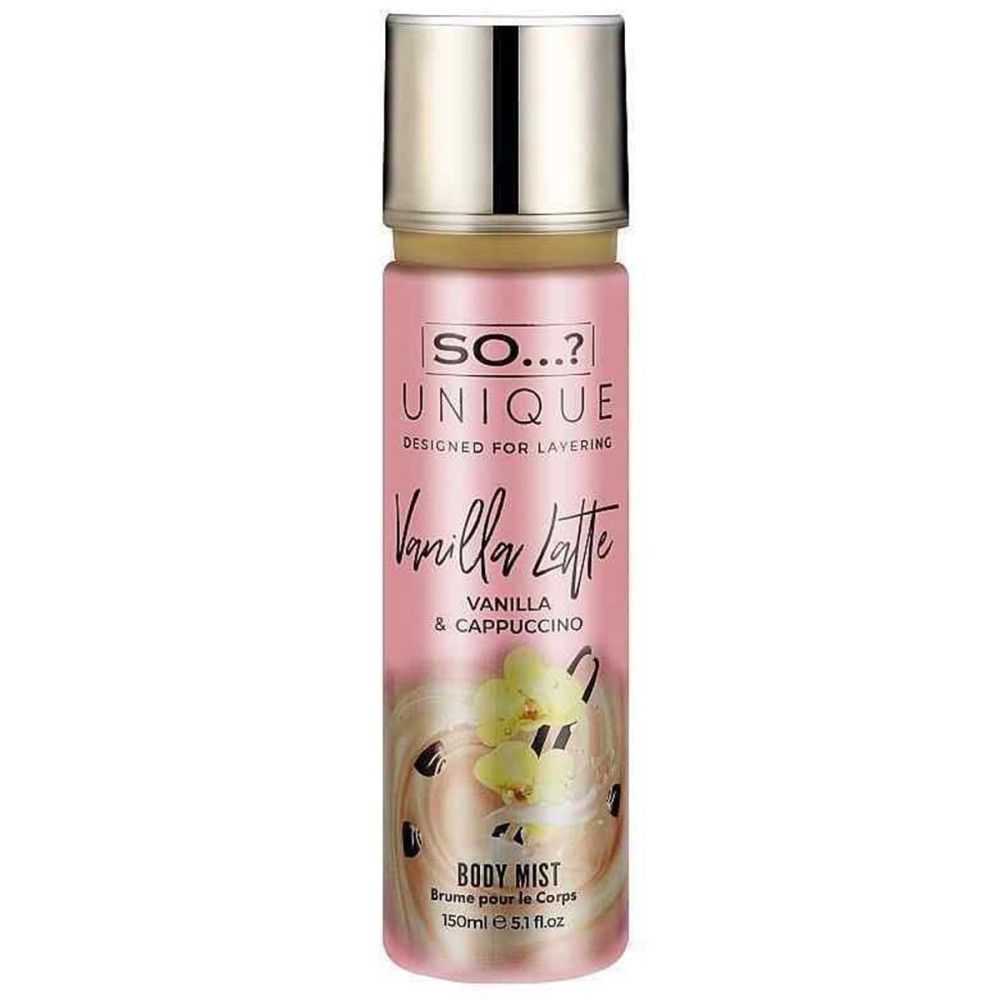 Körperspray-Flasche. Rosa Flasche mit silbernem Deckel. Aufschrift: SO...? UNIQUE, Vanilla Latte, Body Mist. 150ml.