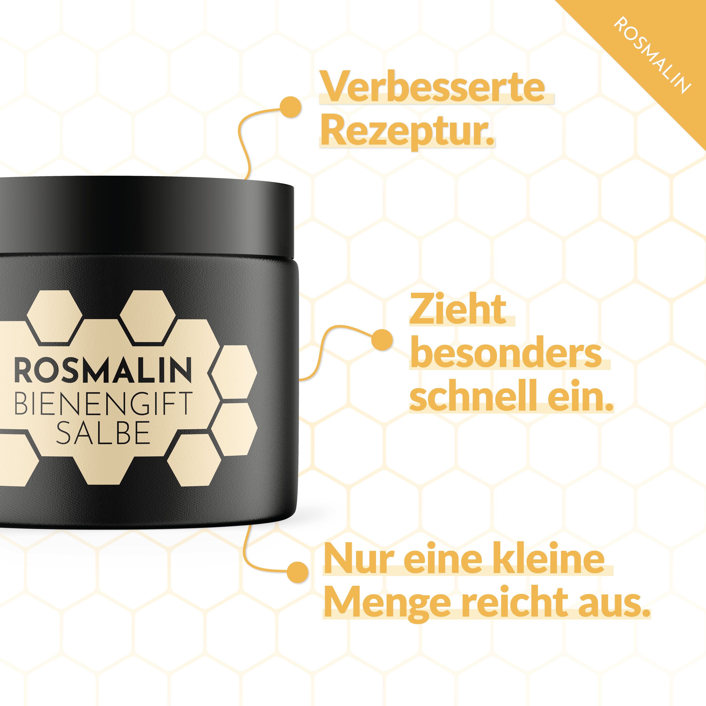 Schwarzer Tiegel Rosmalin Bienengiftsalbe. Text: Verbesserte Rezeptur. Zieht besonders schnell ein. Nur eine kleine Menge reicht aus.
