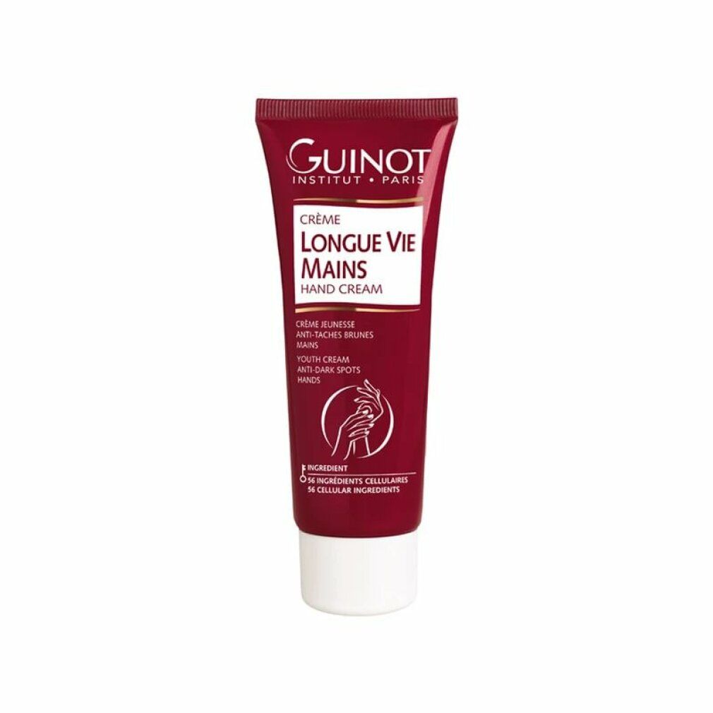 Guinot Longue Vie Mains Handcreme in rotem Tiegel. Zeigt eine stilisierte Handabbildung und 56 zelluläre Wirkstoffe.