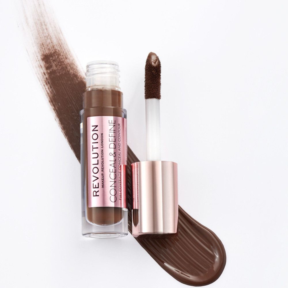 Concealer-Fläschchen mit Applikator. Aufdruck: Conceal & Define. Brauner Farbton. Auf weißem Hintergrund.