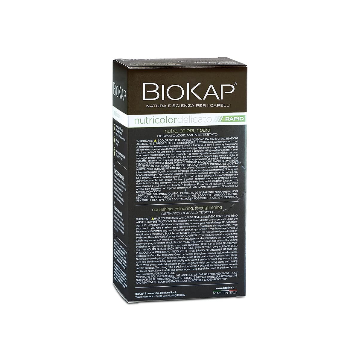 Dunkelbraune Schachtel mit Text. Biokap Nutricolor Rapid, Text in italienischer Sprache. Dermatologisch getestet.