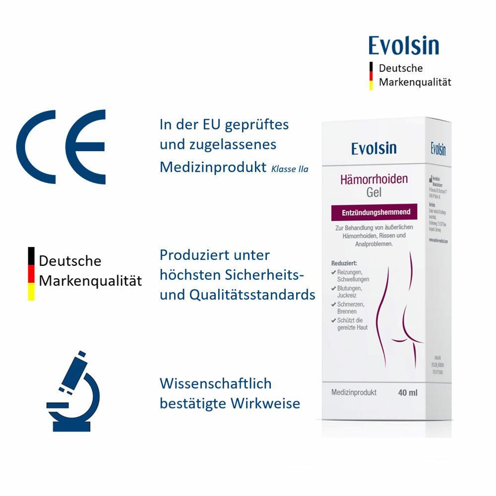 Tube und Faltschachtel mit Gel. Aufschrift: Evolsin® Hämorrhoiden Gel. Medizinprodukt. CE-Zeichen. 40 ml. Deutsche Markenqualität.