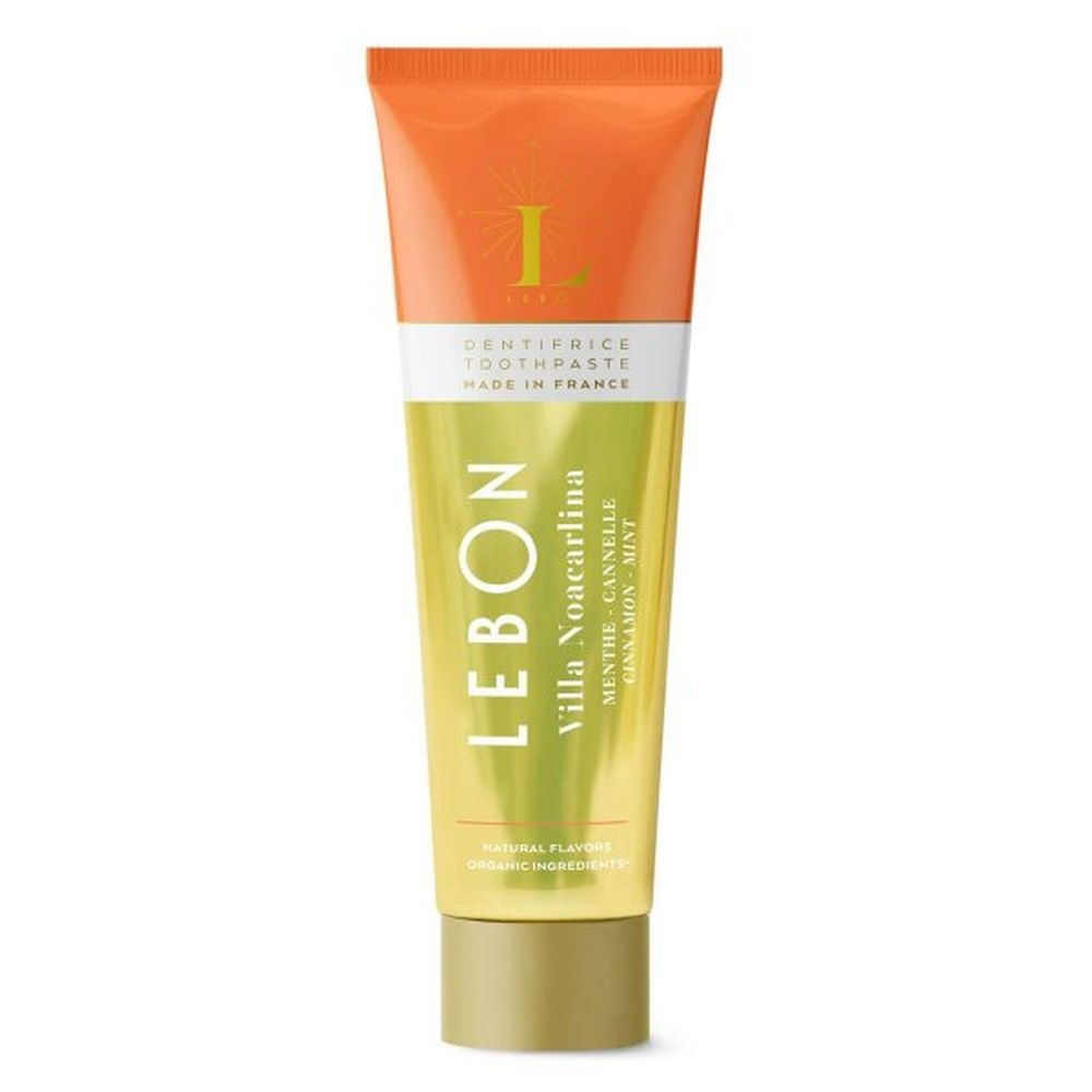 Zahnpasta-Tube LEBON Villa Noacarlina. Orange-gelbe Tube mit Schriftzug und Logo. "Menthe-Cannelle-Mint".