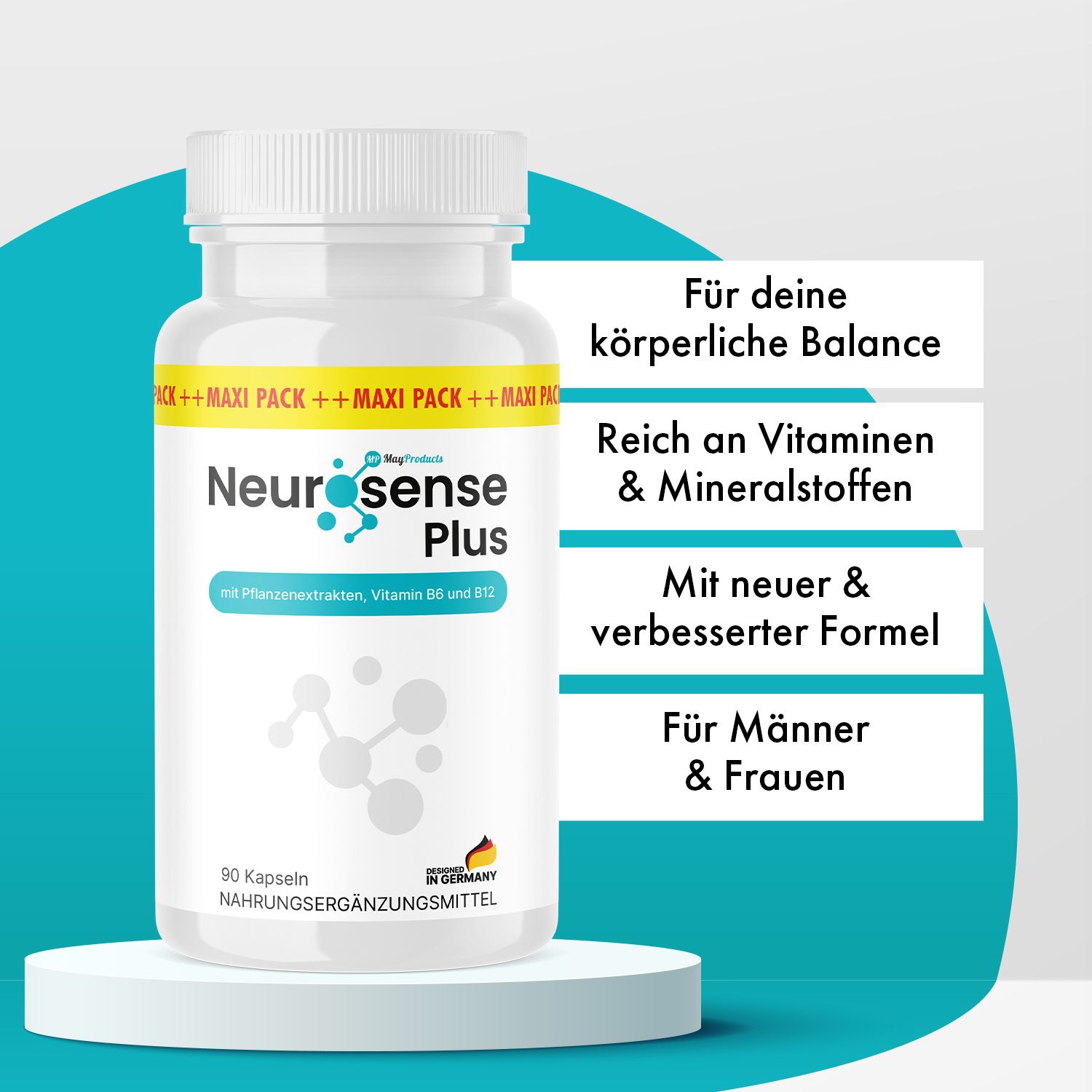 Weiße Flasche mit Kapseln auf Podest. Text: Für deine körperliche Balance, Reich an Vitaminen & Mineralstoffen, Mit neuer & verbesserter Formel, Für Männer & Frauen.