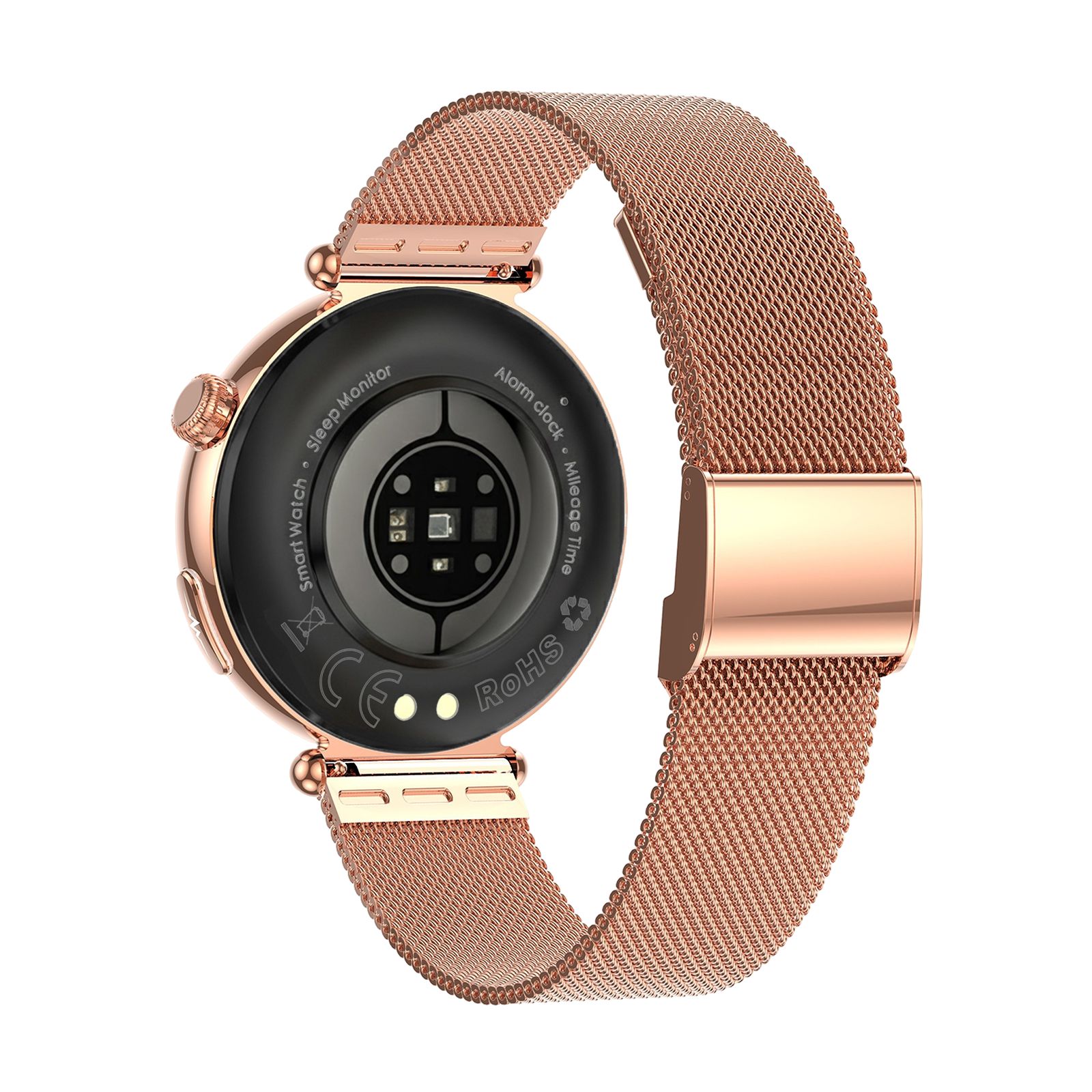 Rückseite einer Smartwatch in Roségold. Sensor für Herzfrequenzmessung. Schriftzug Sleep Monitor, Smart Watch, Made in China.