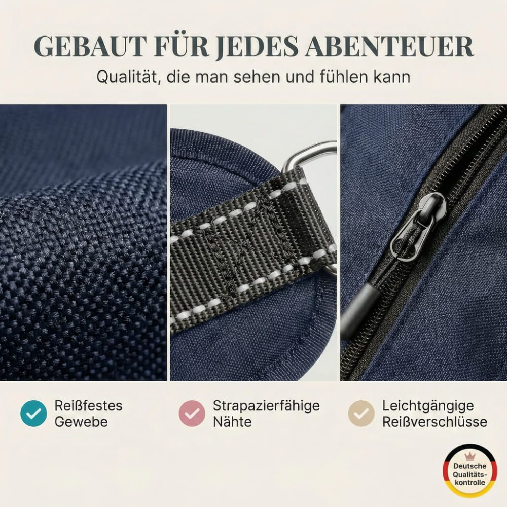 Nahaufnahmen von blauem Stoff, Nähten und Reißverschluss. Text: Reißfestes Gewebe, strapazierfähige Nähte, leichtgängige Reißverschlüsse.