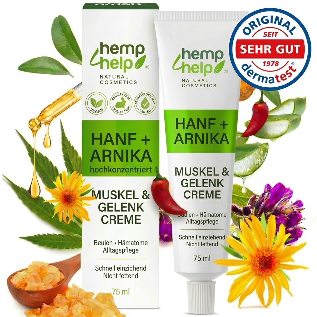 Zwei Tuben Hanf & Arnika Creme, 75ml. Texte: hochkonzentriert, Muskel & Gelenk Creme, vegan, schnell einziehend, nicht fettend. Mit Dermates Siegel.
