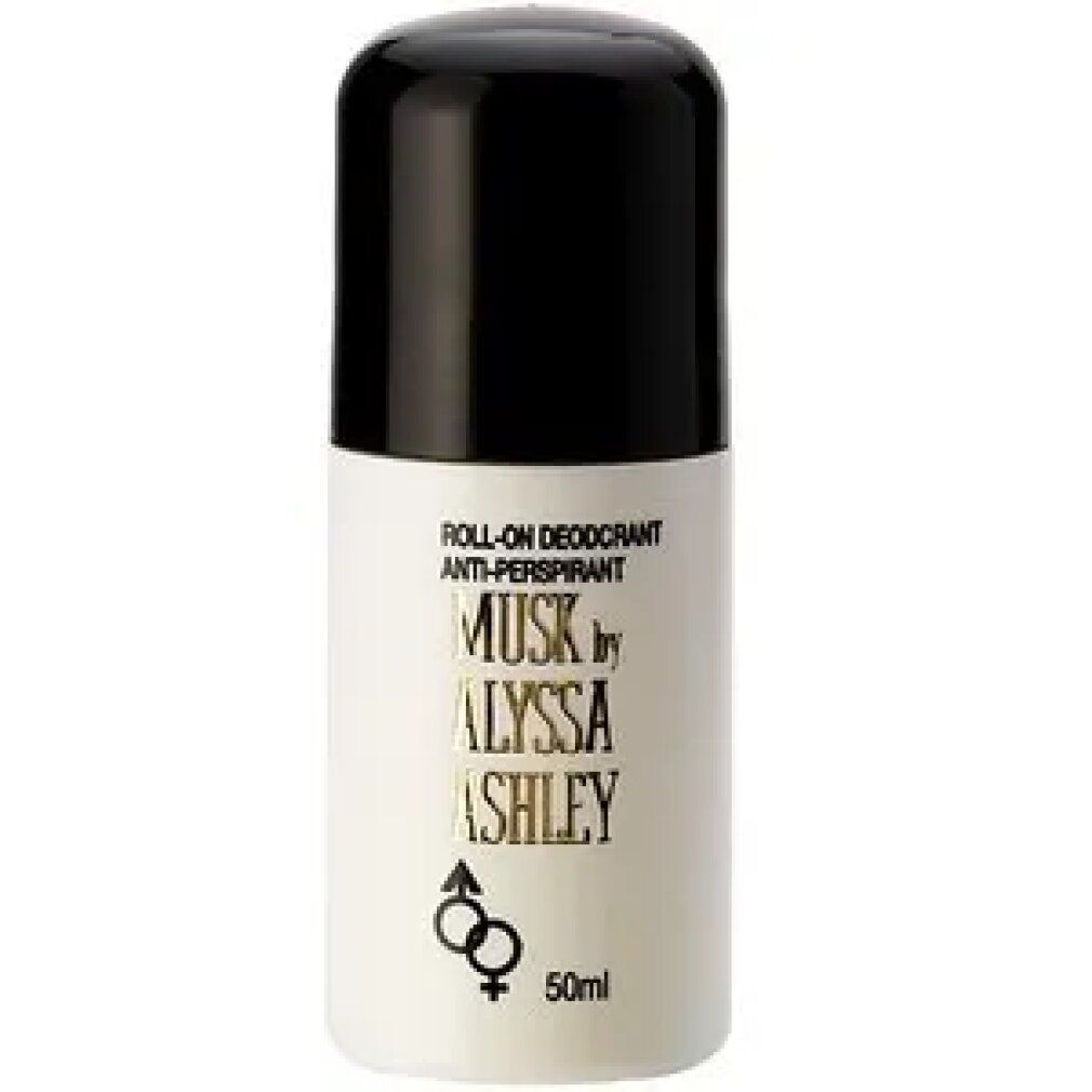 Roll-on-Deodorant mit schwarzem Deckel. Beschriftung: Musk by Alyssa Ashley, 50 ml, Anti-Transpirant.