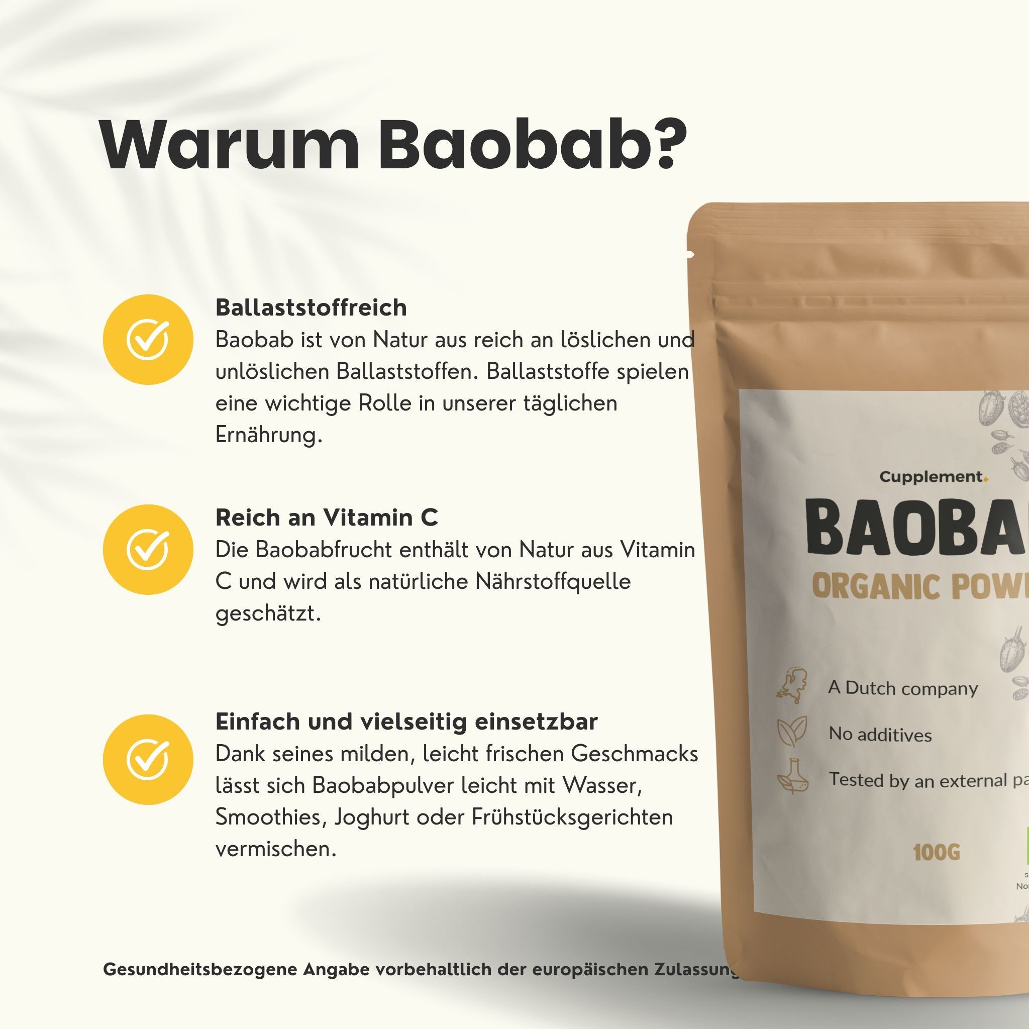 Beutel mit Cupplement Baobab Pulver. Text: Reich an Ballaststoffen und Vitamin C. Einfach zu verwenden.
