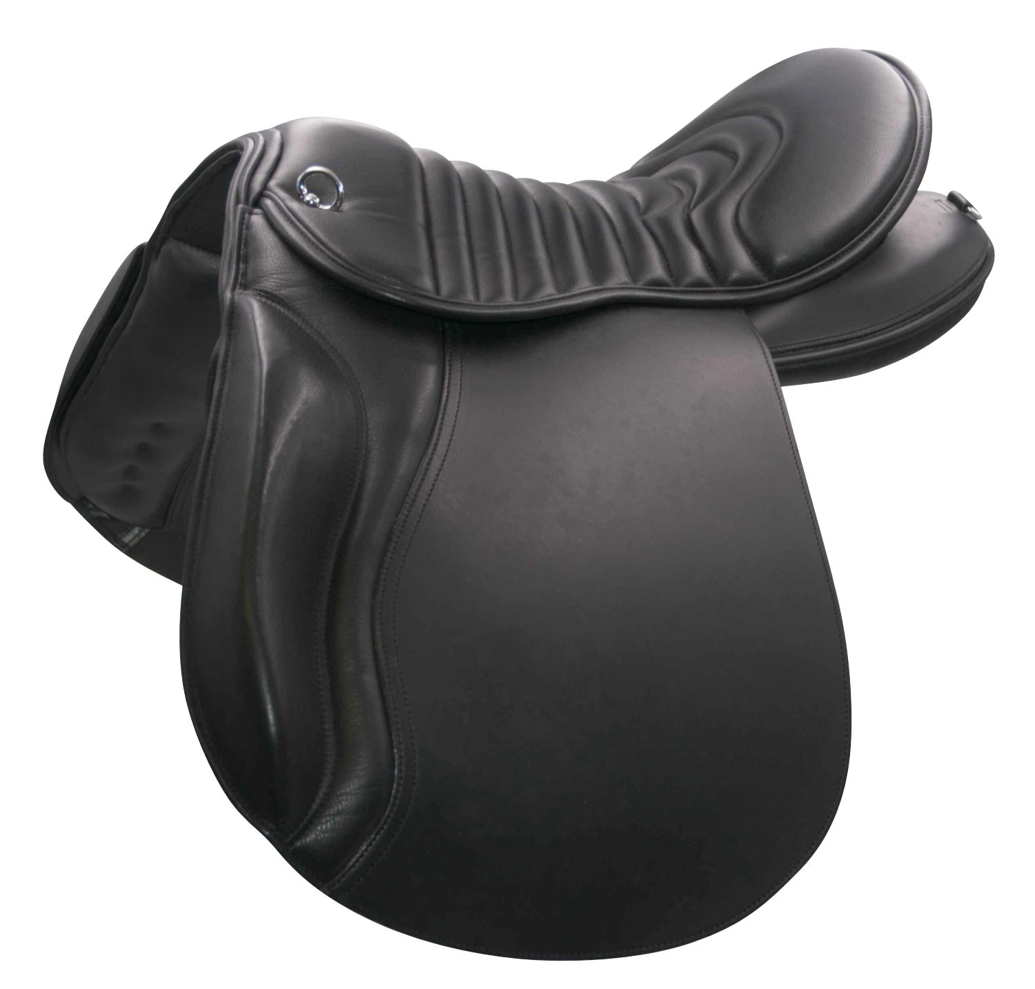 Schwarzer Sattel mit geschwungenen Linien und silberfarbenem Ring.
