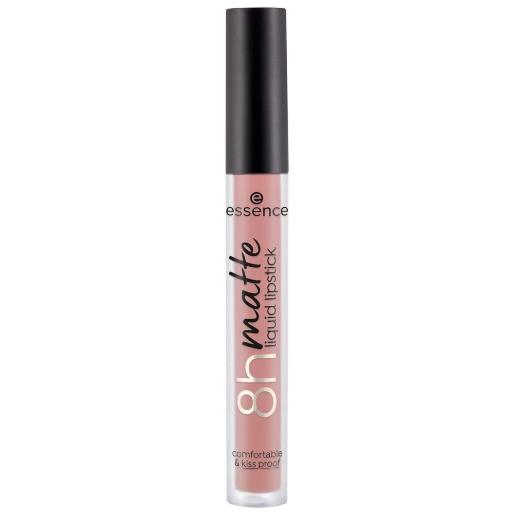 Essence 8h Matte Flüssiger Lippenstift. Rosa Farbton. Flasche mit schwarzem Deckel. Produktname und Details sichtbar.