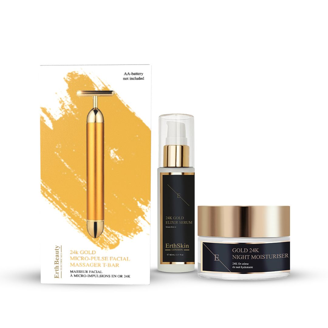 Set mit Massagegerät, Serum und Creme. Massagegerät goldfarben. Serum- und Cremeflaschen mit goldfarbenen Deckeln. ErthSkin-Logo.