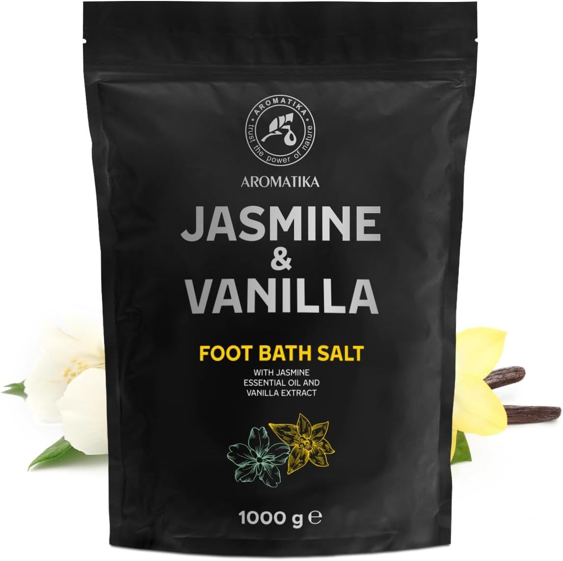 Schwarze Verpackung mit Produktnamen Jasmin & Vanille. Enthält Fußbadesalz. Mit Jasminöl und Vanilleextrakt. 1000 g.