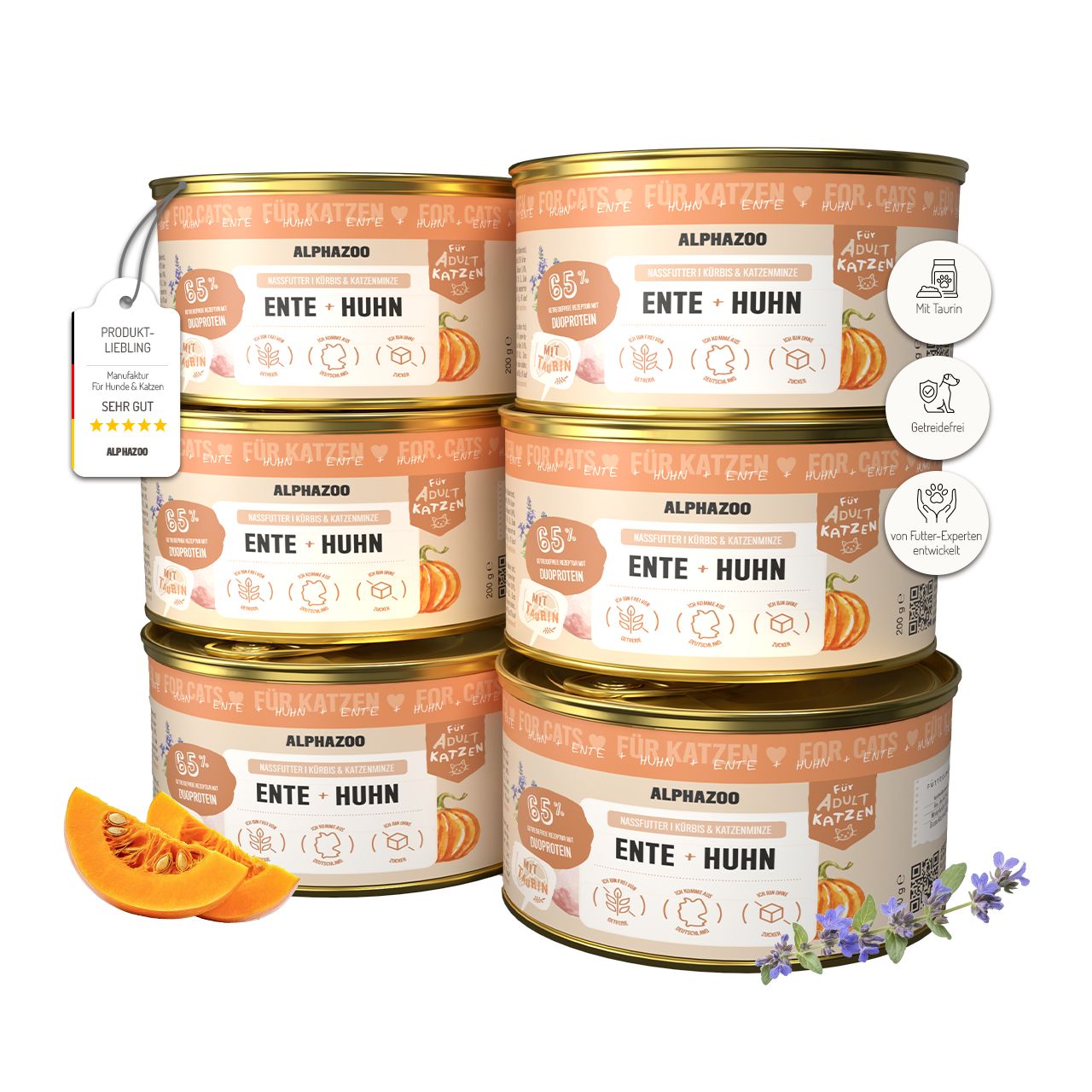 Sechs Dosen Nassfutter für Katzen, mit Kürbis und Ente/Huhn. Produkt-Liebling-Auszeichnung. Aufschrift: alphazoo.