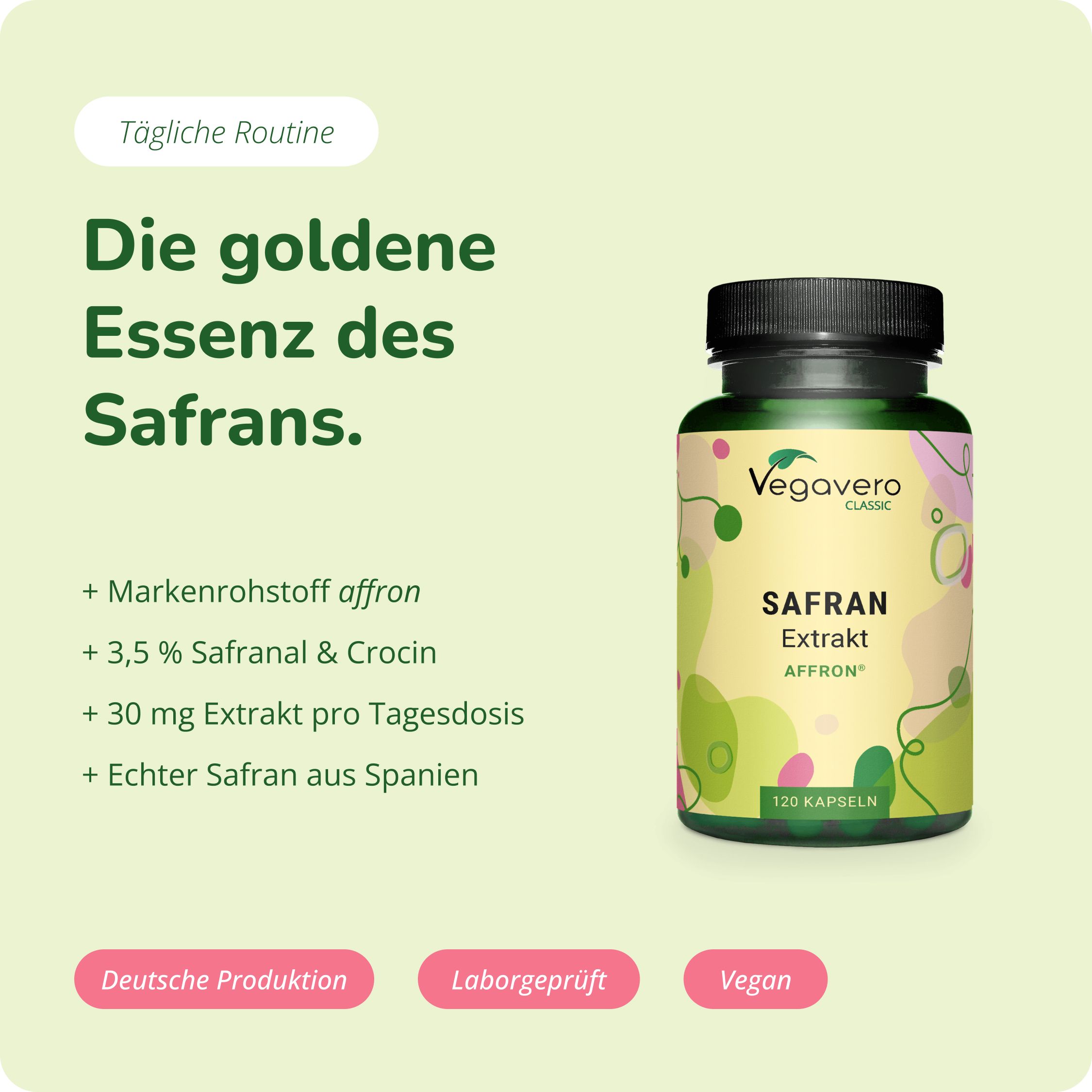 Flasche mit Veggavero Safran Extrakt Kapseln, 120 Stück.