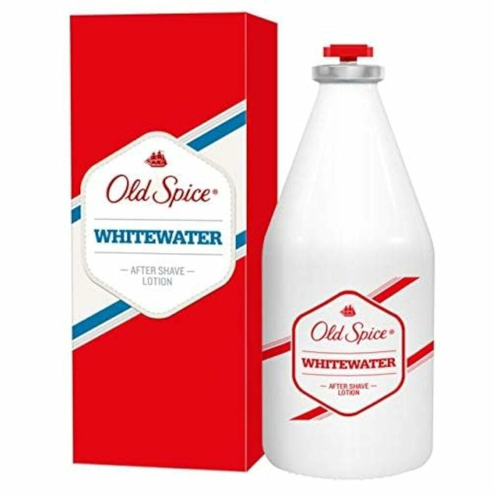 Weiße Flasche und rote Verpackung. Aufschrift "Old Spice Whitewater After Shave Lotion".