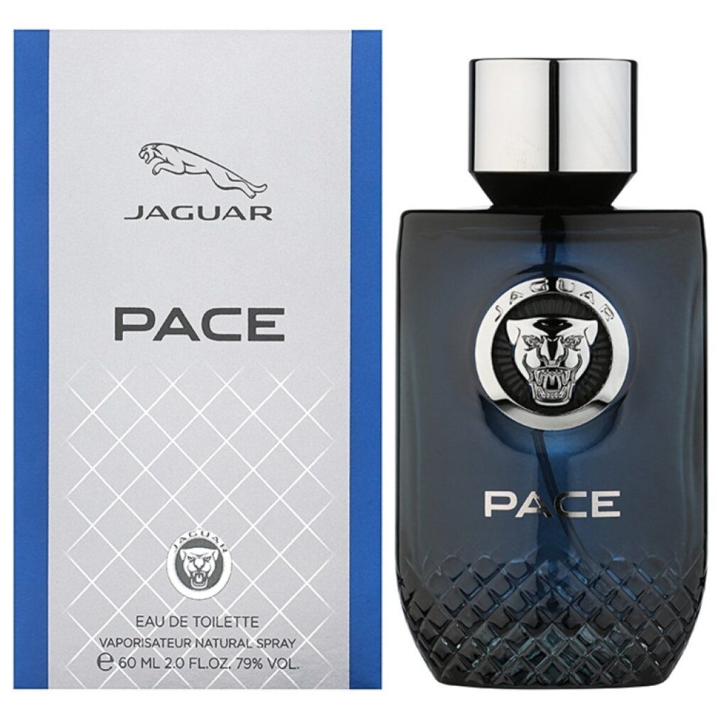 Blaues Eau de Toilette-Spray mit silbernem Deckel und Verpackung. Aufschrift: Jaguar Pace. Logo: Jaguar-Raubkatze.