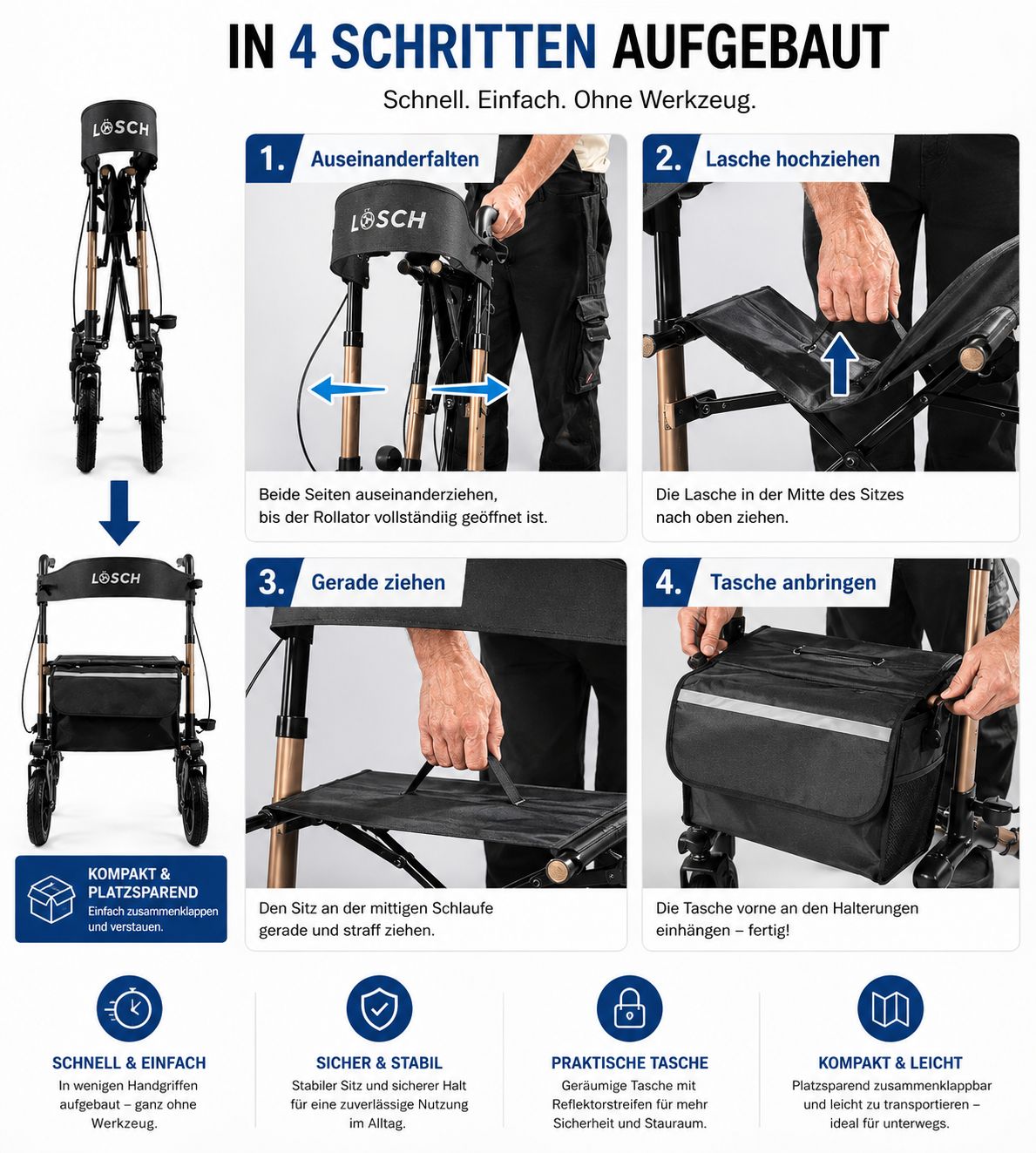 Rollator wird aufgebaut. Goldfarbener Rahmen, schwarze Tasche. Vier Schritte: Ausfalten, Lasche hochziehen, gerade ziehen, Tasche anbringen. Text.