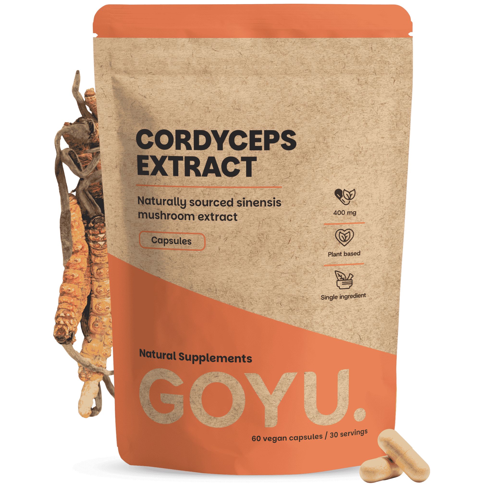 Cupplement Cordyceps Extrakt Kapseln 400 mg in brauner Papiertüte. 60 vegane Kapseln.