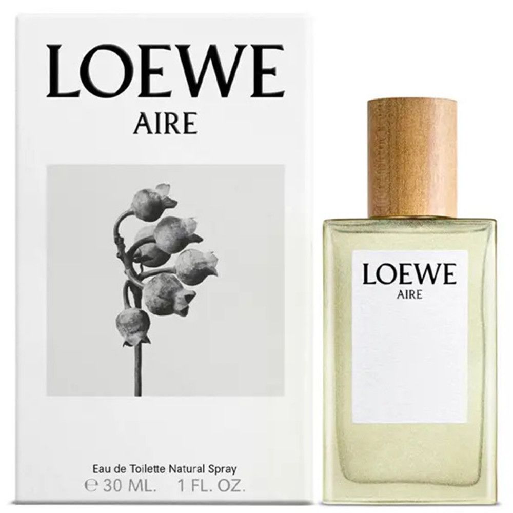 Loewe Aire Eau de Toilette 30 ml. Flakon mit Holzverschluss und weißer Verpackung mit floralem Motiv. Text: Loewe Aire.