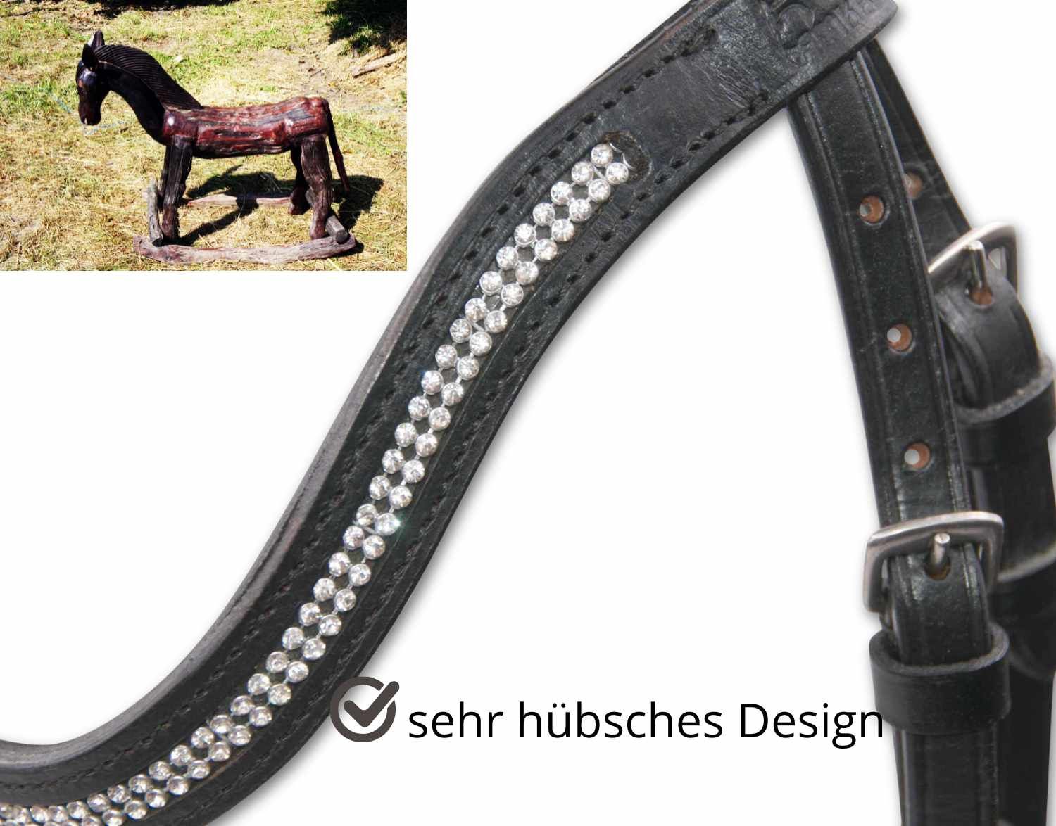 Schwarzer Zaum mit Strasssteinen am Stirnband. Silberne Schnallen und Zügel. Text: sehr hübsches Design.