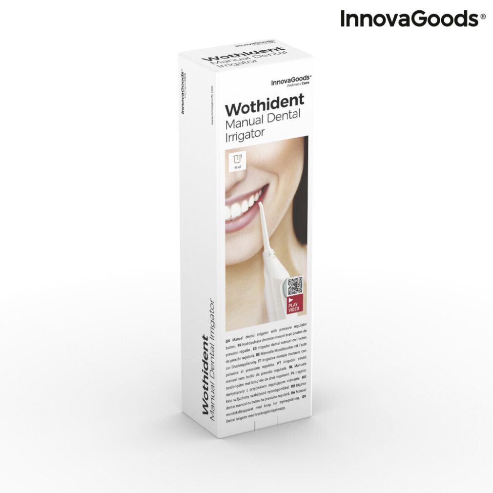 Verpackung von Wothident Manual Dental Irrigator. Produktbild und Text. InnovaGoods Logo.