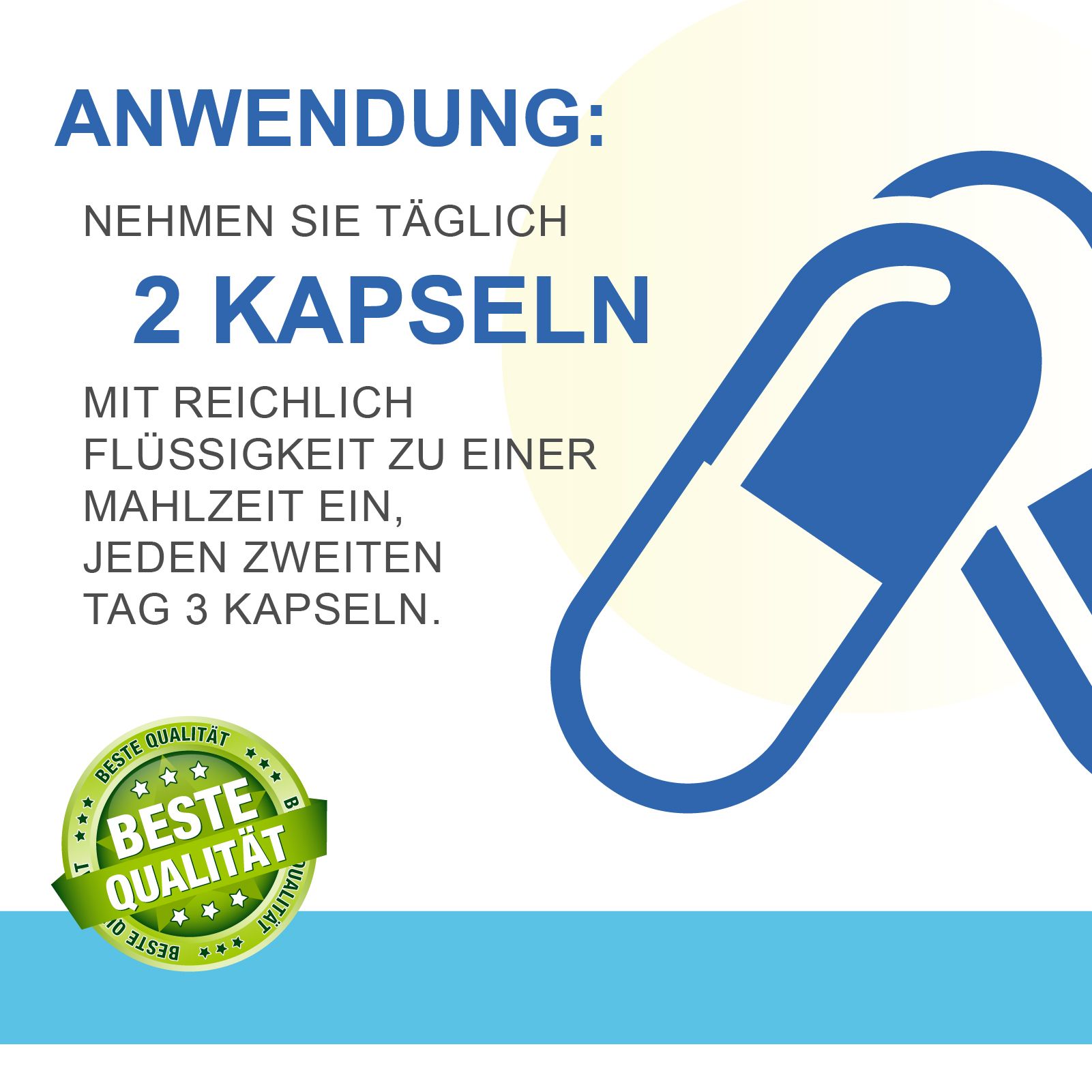 Grafik mit blauen Kapseln. Text: Anwendung: Täglich 2 Kapseln mit Flüssigkeit zu einer Mahlzeit einnehmen, jeden zweiten Tag 3 Kapseln.