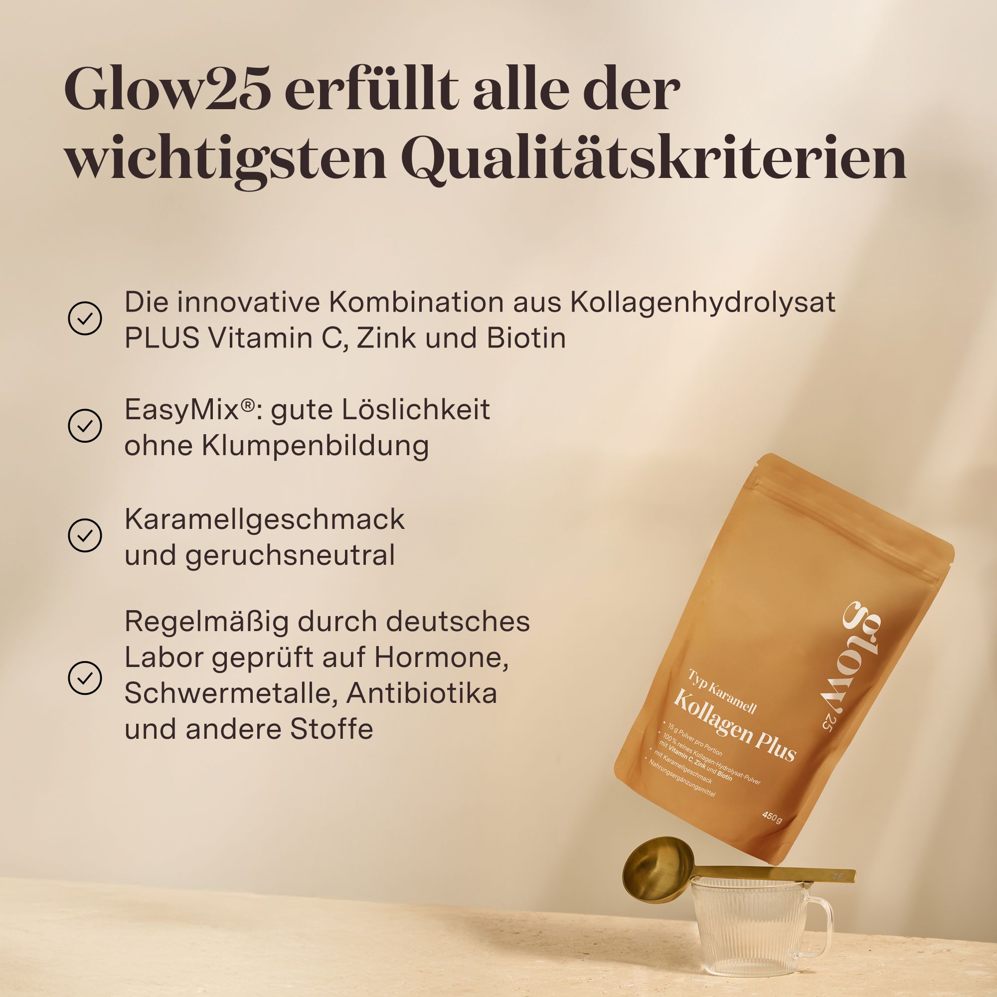 Text mit Aufzählungspunkten. Glow25® Kollagen Plus. Innovative Kombination, gute Löslichkeit, Karamellgeschmack, Laborgeprüft.