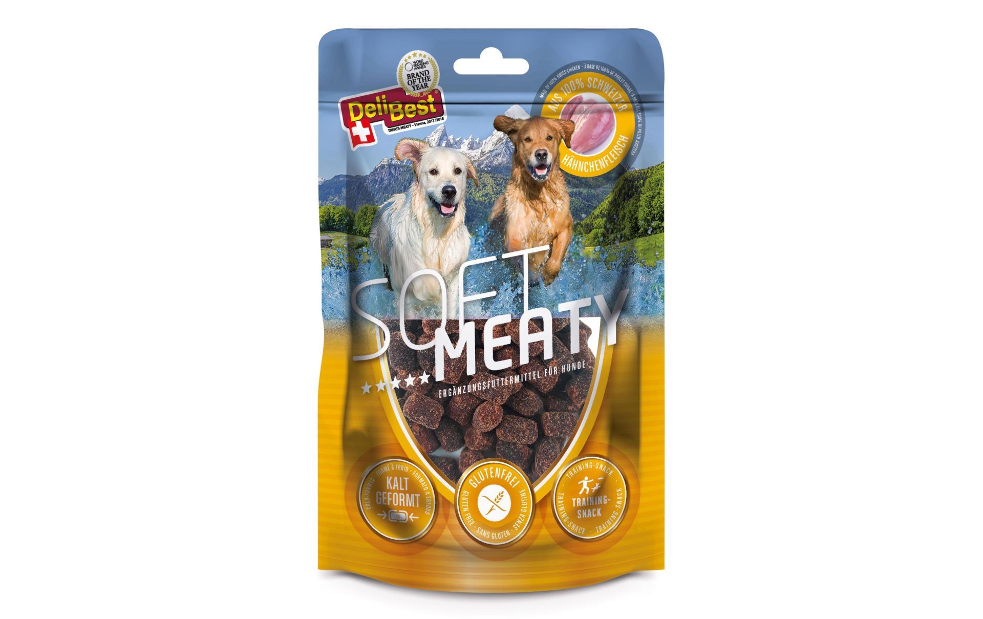Verpackung mit Hundesnacks. Aufdruck: "DeliBest", "Soft Meaty". Abbildung von Hunden und Produkt. Gelb-blaue Farbgebung.