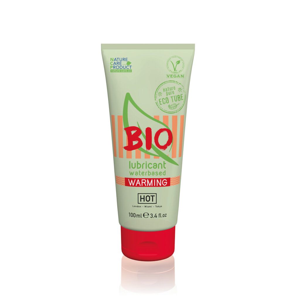 Tube mit BIO-Logo, Aufschrift "Warming Hot". Wasserbasiertes Gleitmittel. Vegan. Grün-orangefarbenes Design. Roter Verschluss.