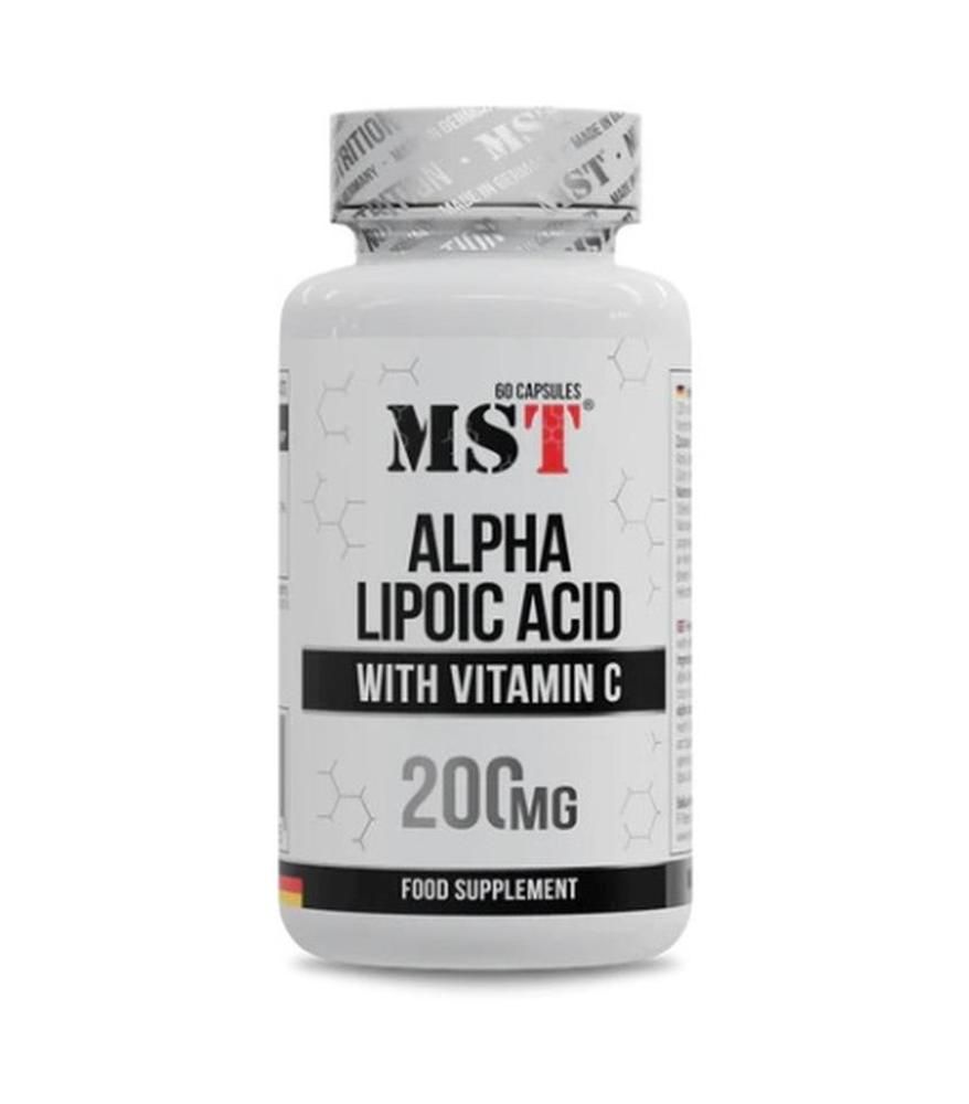 Weiße Flasche mit schwarzer und roter Beschriftung. Enthält Kapseln. Aufschrift: MST Alpha Lipoic Acid with Vitamin C 200mg.