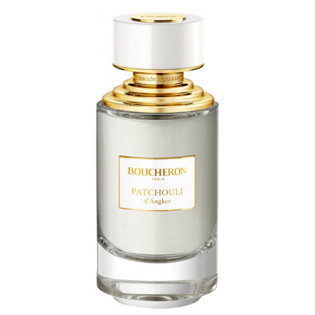 Parfümflakon. Weißer Deckel, goldene Details. Aufschrift: Boucheron Paris, Patchouli d'Angkor.